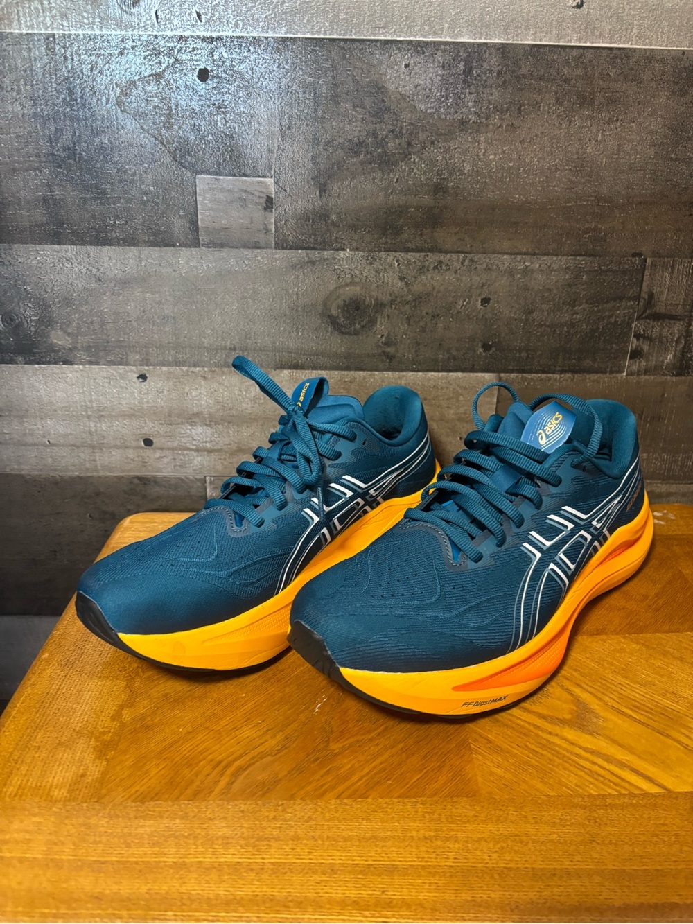 ASICS Teal Blue Running Shoes with Bright Orange Midsole FFBlastMax 9.5